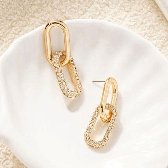 Geometric Link Gold Inlay Diamond Dangle Earrings - Picture 3 of 3